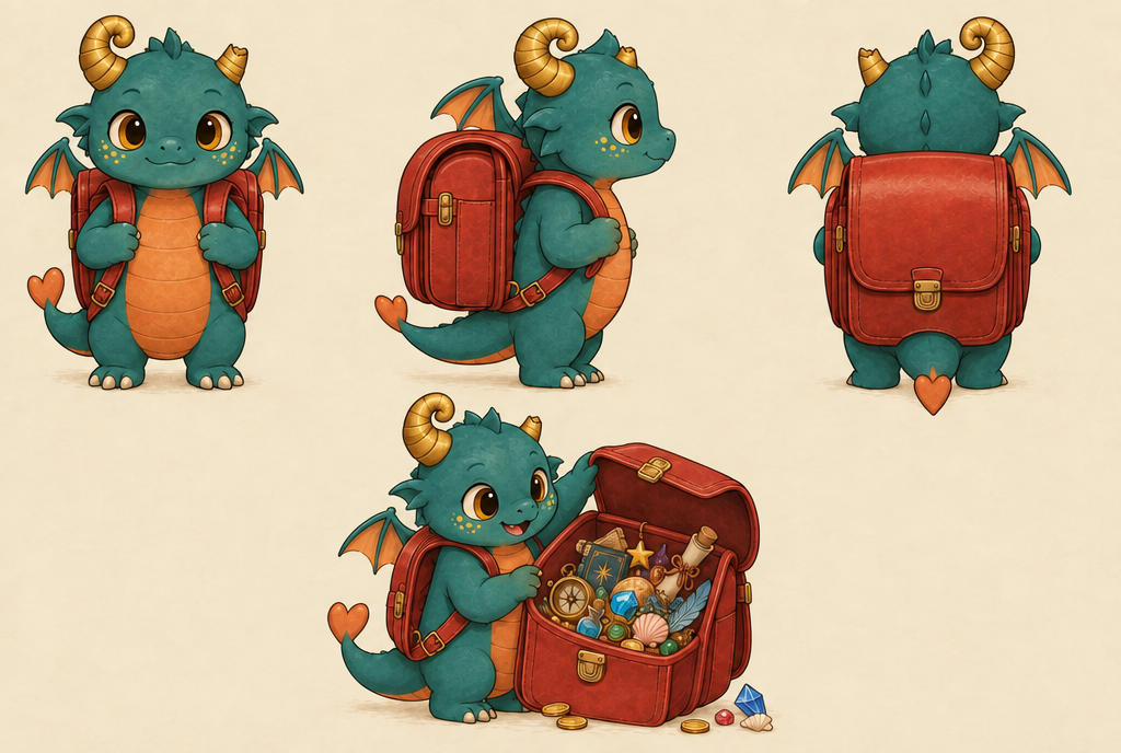 Nugget, the smallest dragon, with his Lootpack